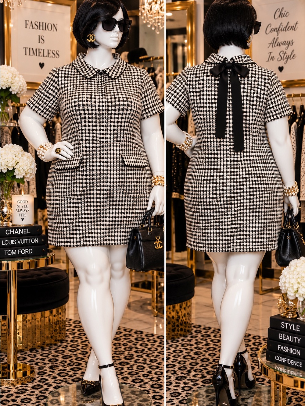 Modcloth Black & White Houndstooth Peter Pan Collar Shift Dress with Back Bow
